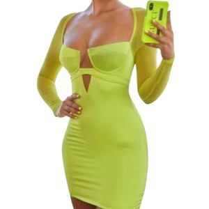 Long Sleeve Satin Bodycon Mini Dress in Lime NWT